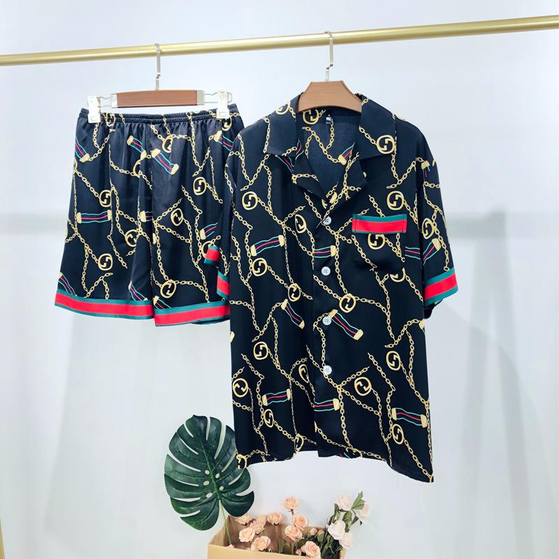 Autumn couple ice silk pajamas women fashion short sleeve suit men Korean leisure silk ladies cardigan home service