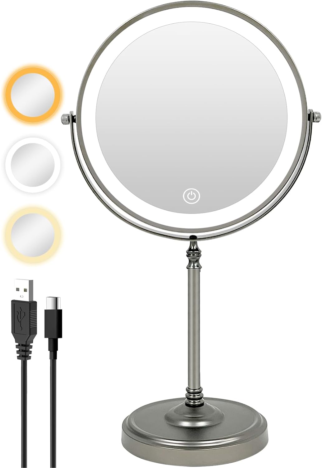 9" Large Lighted Makeup Mirror - 5000mAh Rechargeable Magnifying Vanity Mirror with 3 Colors Dimmable Lights, 1x/10x Double Sided Magnification Light Stand Up Desk Mirror, Gunmetal Gray
