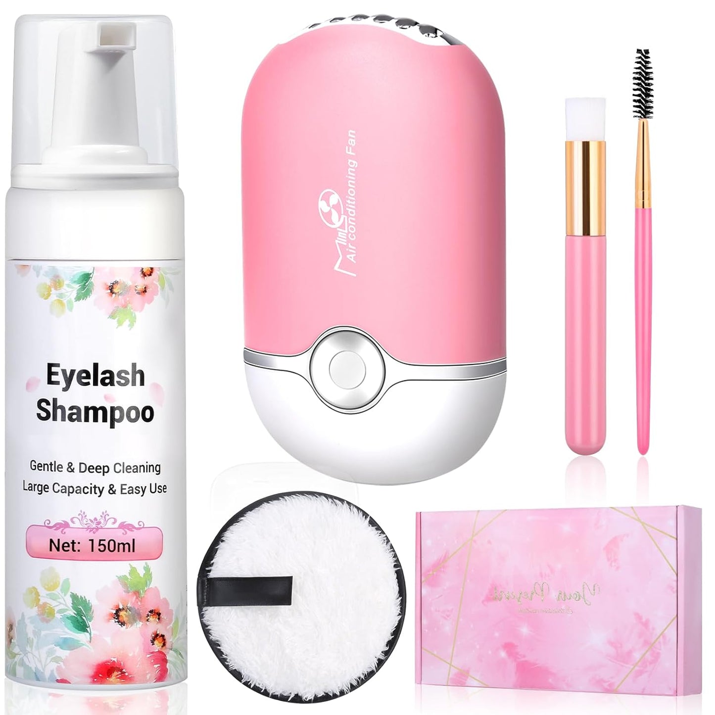 150ml/ 5.07 fl. oz Eyelash Extension Cleanser with Eyelash Fan Dryer, Lash Shampoo for Extension with Makeup Remover Pad Cleaning Brush, Paraben Sulfate Free Eyelash Shampoo for Salon Home Use