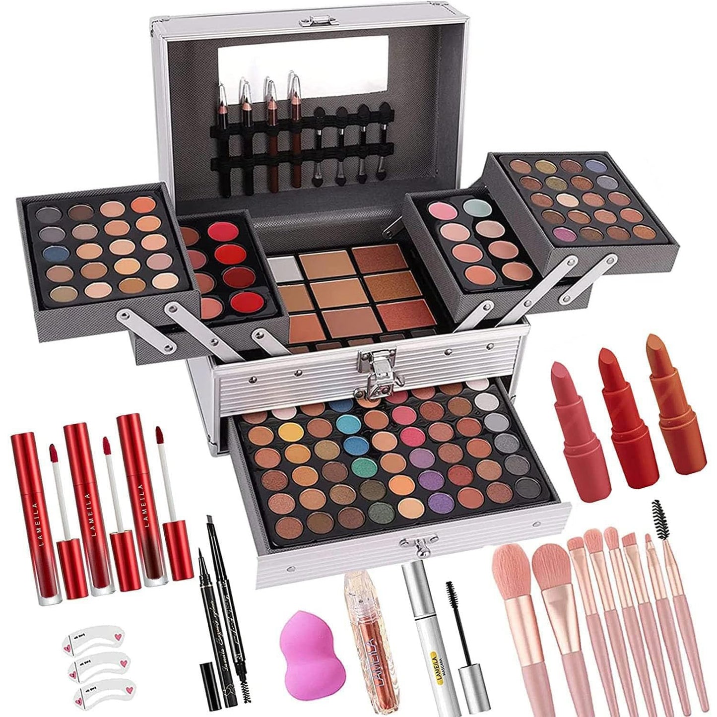 UNIFULL 132 Color All- In- One Makeup For Women Full Kit,Professional Makeup Kit,Makeup Gift Set for Women,Girls&Teens,Include eyeshadow/lipstick/concealer/Lip Gloss/Eyeliner/Mascara(006N2-Silver)