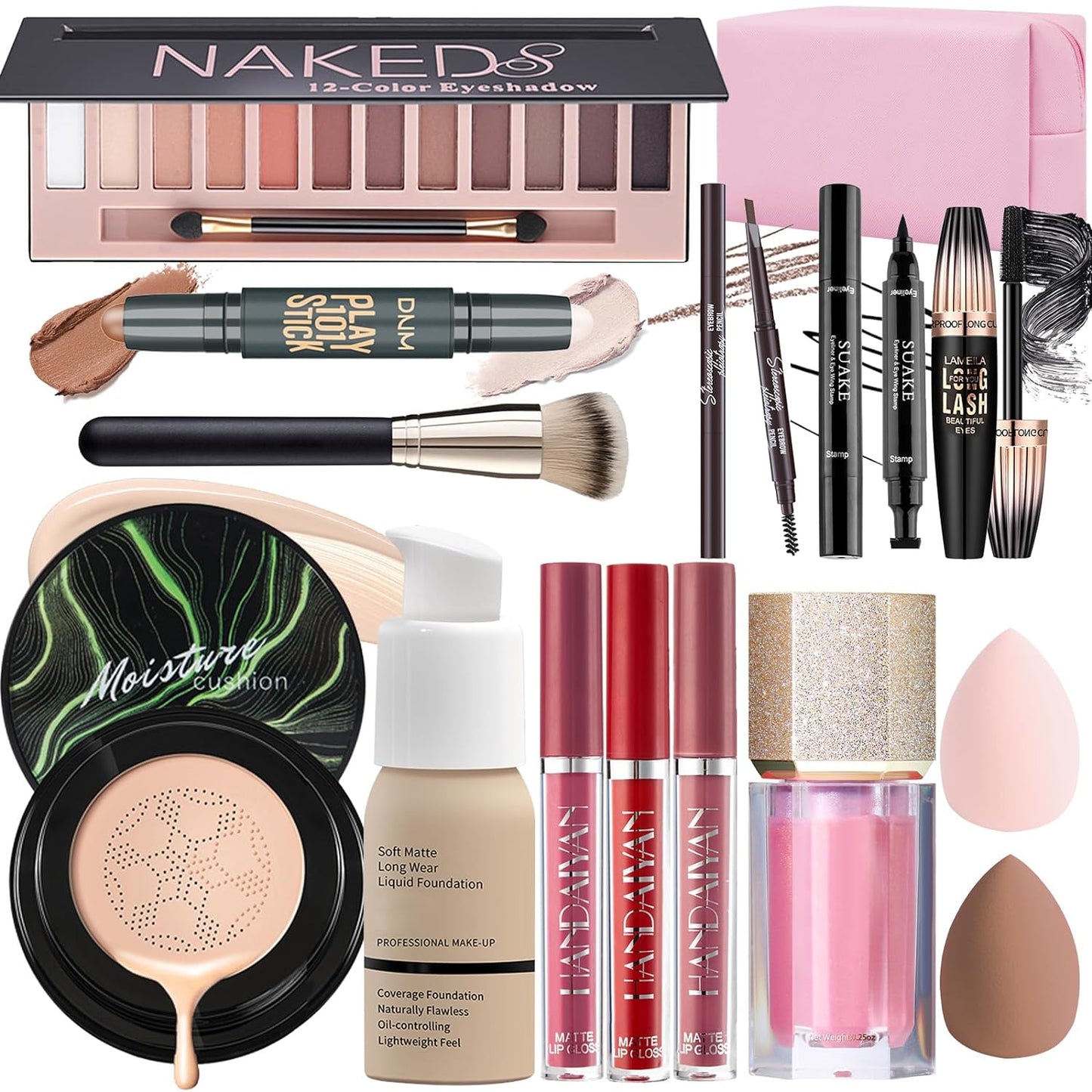 YBUETE Makeup Set Kit For Women Girls Teens, All-in-one Makeup Gift Set, Foundation CC Cream, Eyeshadow Eyeliner brow Pencil Mascara, Counter Stick Liquid Blusher Lipsticks, Makeup Brush Sponges & Bag