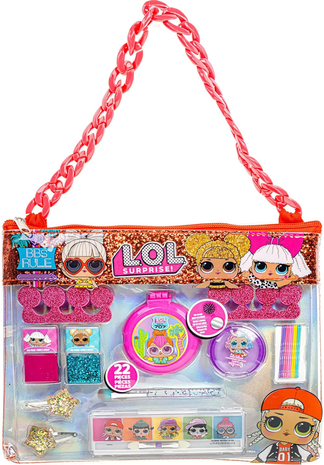 Townley Girl L.O.L. Surprise! Fashion Purse Makeup Set with Non-Toxic Nail Polish, Eyeshadow, Hair Accessories and More, Rainbow Chain for Girls Ages 3 and Up