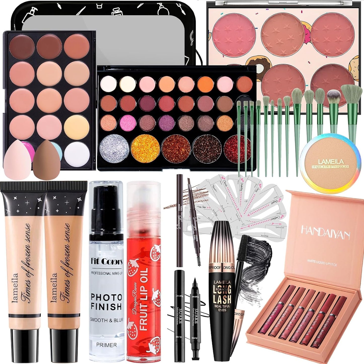 YBUETE All in One Makeup Set for Women Full Kit, Makeup Gift Set, Foundation Face Primer Powder, Eyeshadow Blusher Counter Palette, Lip Gloss Set Lip Oil, Eyeliner Mascara, Brush Set Sponge Makeup Bag