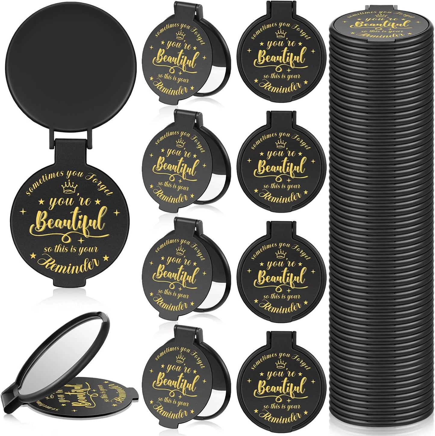 36 Pcs 2.76 Inch Inspirational Compact Mirror Bulk Round Makeup Glass Mirror Personal Purse Pocket Mini Mirror Gifts for Women Girls Coworker Nurse Friends (Black)