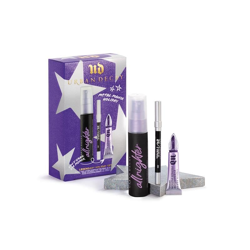 Urban Decay Legendary Mini Makeup Gift Set - 3-Piece Longwear Favorites - All Nighter Makeup Setting Spray, Waterproof Eye Pencil (Matte Black), Eyeshadow Primer Potion - Travel Size