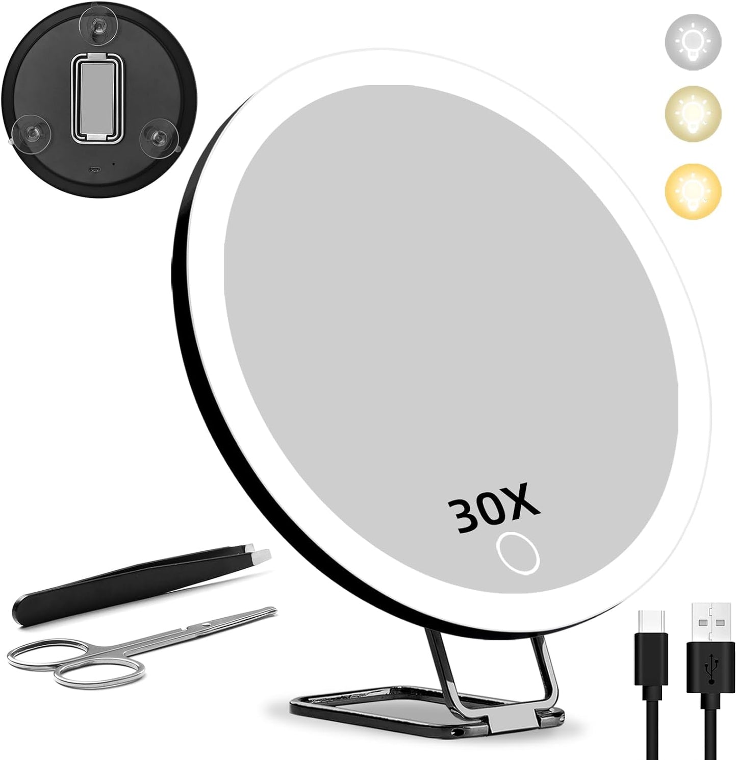 30X Magnifying Mirror with Lights, Large 6'' Magnifying Makeup Mirror with Lights, 3 Suction Cups & Adjustable Stand, Lighted Makeup Mirror with Magnification 30x Travel Magnifying Mirror for Bathroom
