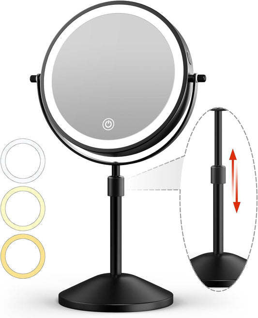 7in Lighted Makeup Mirror, 1X/10X Magnifying Double Sided Mirror, 360° Swivel Light up Mirror with 3 Color Lights, Adjustable Brightness & Height Rechargeable LED Vanity Mirror, Black