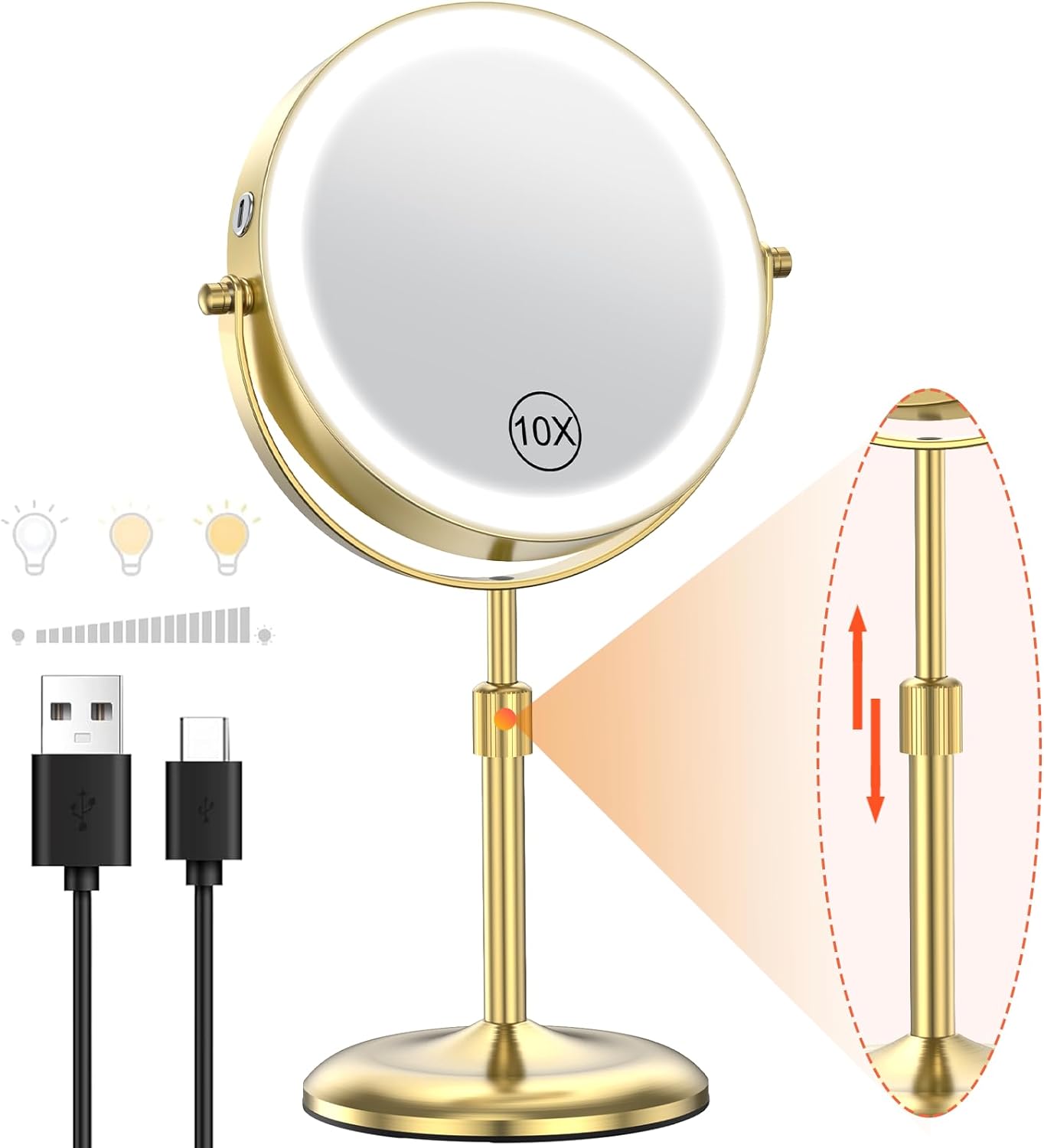 Benbilry Lighted Makeup Mirror with 3 Color Lights & 10X Magnification, Adjustable Brightness & Height, 7 Inch 360° Swivel Rechargeable LED Vanity Mirror, 10X Magnifying Mirror with Light, Gold