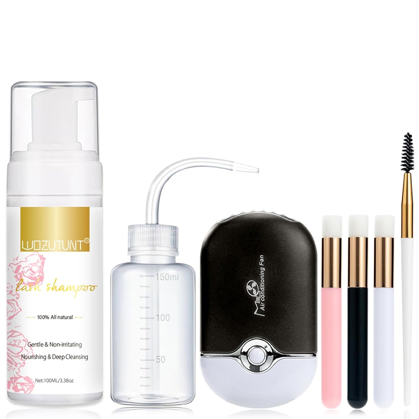100ml Eyelash Extension Cleanser Lash Mousse Lash Shampoo for Extensions, USB Mini Portable Fan Rechargeable Electric Handheld Air Conditioning Lash Shampoo Brush Plastic Wash Bottle Kit(Black)