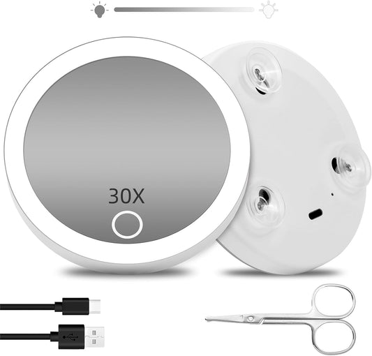 30x Magnifying Mirror with Light, 4inch Lighted 30x Magnified Mirror with 3 Suction Cups, Travel Magnifying Mirror 30x with Light, High Magnification Compact Makeup Mirror with Scissors Sets