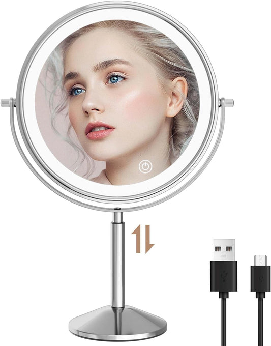 9" Makeup Mirror with Lights and Height Adjustment 10x Magnification LED Rechargeable, 360° Rotating Adjustment,Vanity Mirror 3 Colors Chrome (940C)
