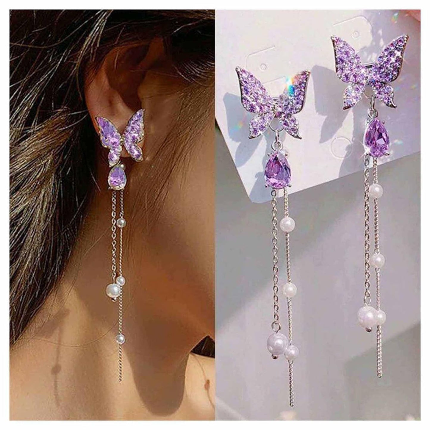 Allereyae Vintage Crystal Amethyst Butterfly Earrings Amethyst Butterfly Earrings Long Pearl Drop Earrings Purple Cz Long Chain Tassel Earrings Jewelry for Women and Girls