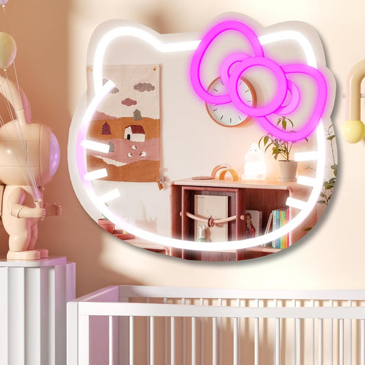 Anime Hello Kit Cat Neon Sign Mirror L16.1 W14 Vanity Mirror with Lights Bedroom Wall Mirror for Pink Room Decor and a Makeup Mirror with Lights Teen Girl Gifts