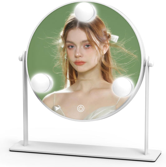 10"x10" Lighted Makeup Mirror, Hollywood Vanity Mirror with 3 Dimmable LED Bulbs, Dimmable Touch Screen, Light up Mirror, Portable Travel Mirror, 360° Rotation, White