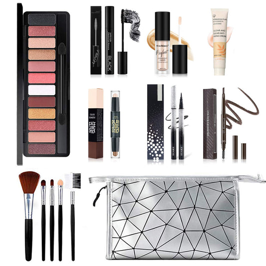 All in One Makeup Kit, includes 12 Colors Eyeshadow Palette, 5PCS Brush Set, Eyebrow Pencil, Eyeliner & Mascara, Contour Stick, Makeup Primer and Liquid Highlighter With Cosmetic Bag Makeup Set