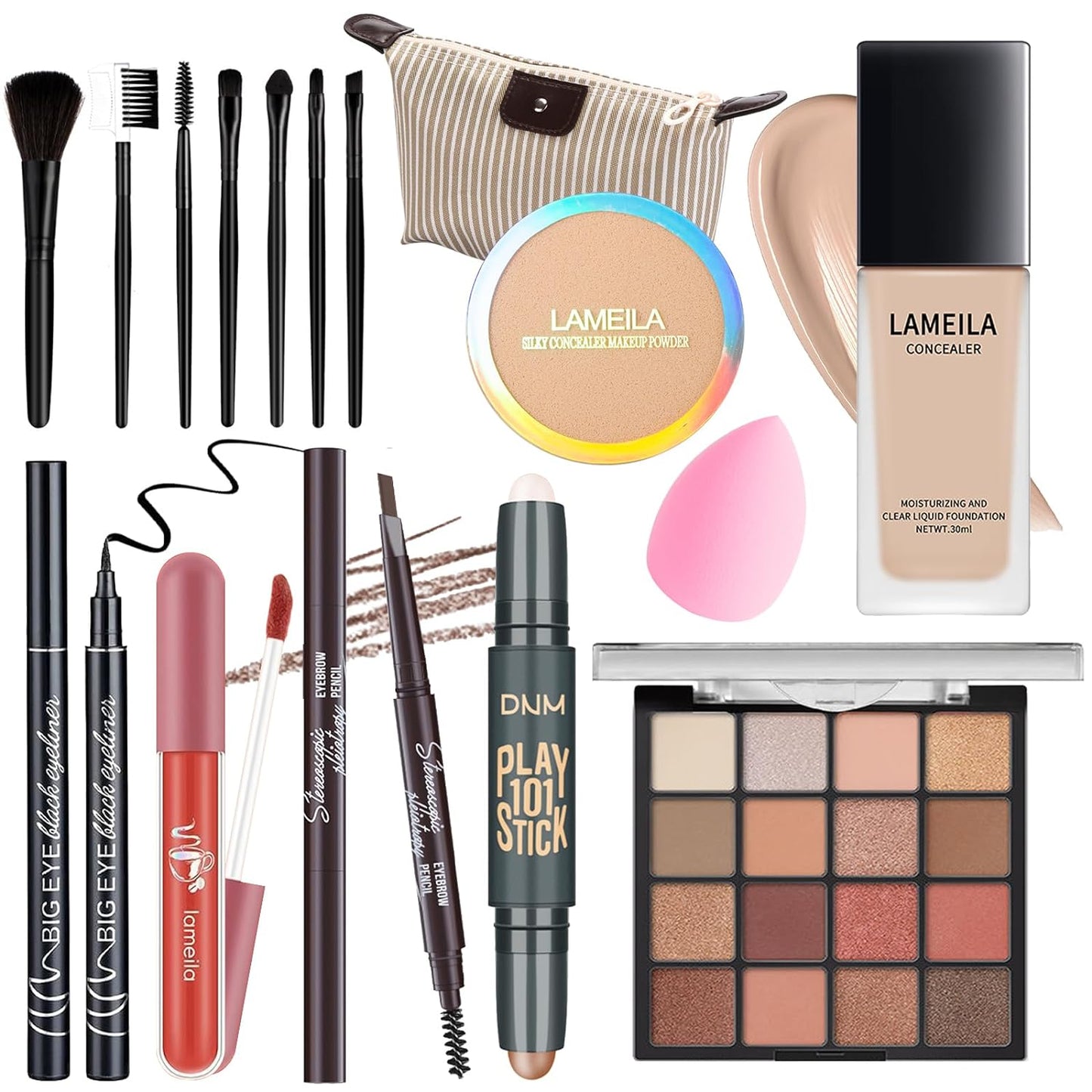 All in One Makeup Set Full Kit for Girls Teens Women, Makeup Gift Set, Includes Eyeshadow, Foundation, counter stick, Powder, Eyebrow Pencil, Eyeliner, Brushes, Lip Gloss, Sponge, Cosmetic Bag