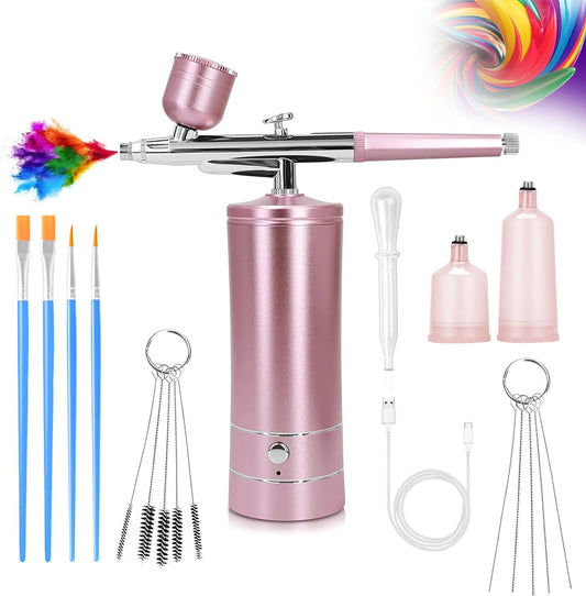 Airbrush-Kit Air Brush Kit With Airbrush Compressor Nail Charms Wireless Air Brush for Barber, Nail Art, Cake Decor, Makeup, Model Painting (Pink)