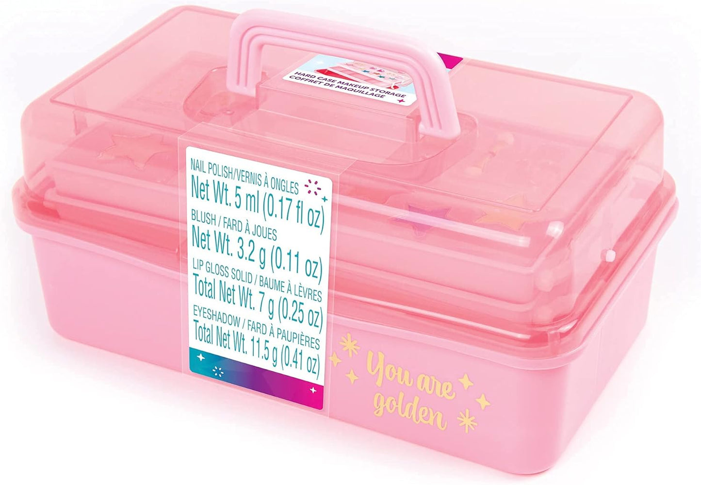 3C4G THREE CHEERS FOR GIRLS - Pink and Gold Hard Case Makeup Storage Set - Kids Makeup Kit for Girls and Teens - Includes Storage Case, 5 Eyeshadows, 1 Blush, 2 Lip Glosses & 1 Nail Polish - Ages 8+