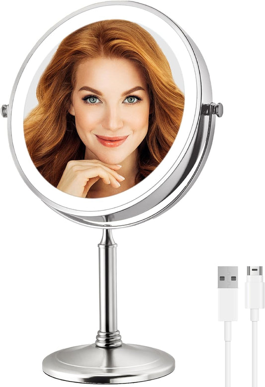 VESAUR Lighted Makeup Mirror, 9" Large Rechargeable 1X/10X Double Sided HD Magnifying Mirror with 3 Colors, 360° Brightness Adjustable Vanity Mirror, Detachable Travel Cosmetic Mirror, Senior Nickel