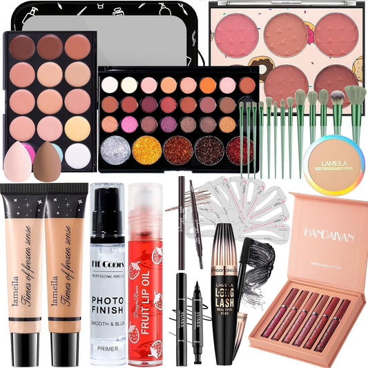 YBUETE All in One Makeup Set for Women Full Kit, Makeup Gift Set, Foundation Face Primer Powder, Eyeshadow Blusher Counter Palette, Lip Gloss Set Lip Oil, Eyeliner Mascara, Brush Set Sponge Makeup Bag