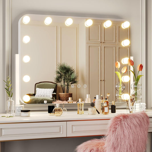Vanity Mirror with Lights, Makeup Mirror with Lights, 14 LED Bulbs Hollywood Vanity Mirror 3 Color Lighting USB-Powered Dimmable Light with Touch Control, 360°Ratation, 19.6 x 16.5 Inch, White