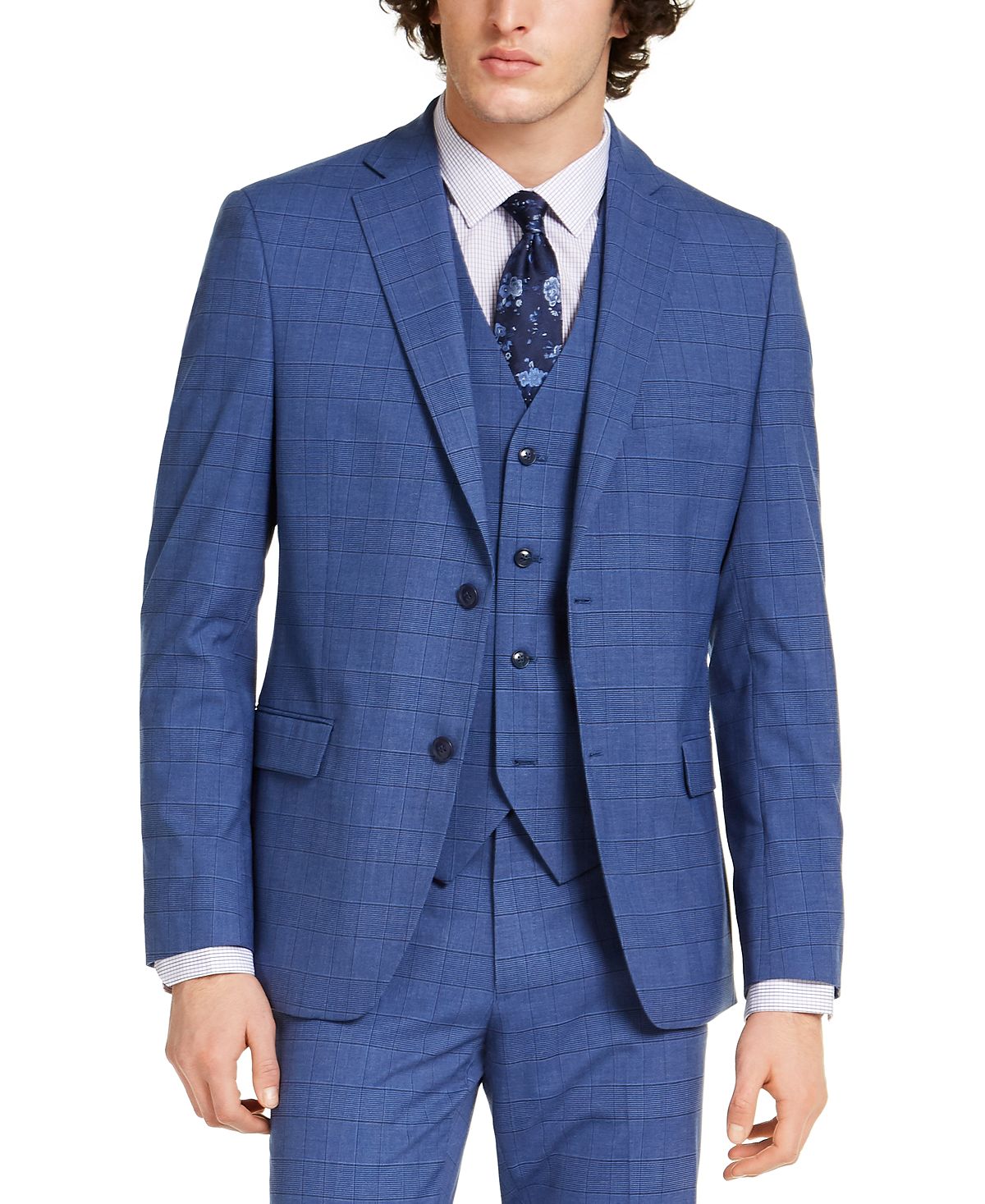 Alfani Slim-fit Stretch Medium Blue Plaid Suit Jacket Blue