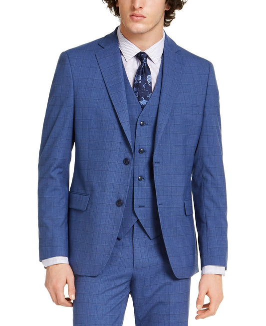 Alfani Slim-fit Stretch Medium Blue Plaid Suit Jacket Blue