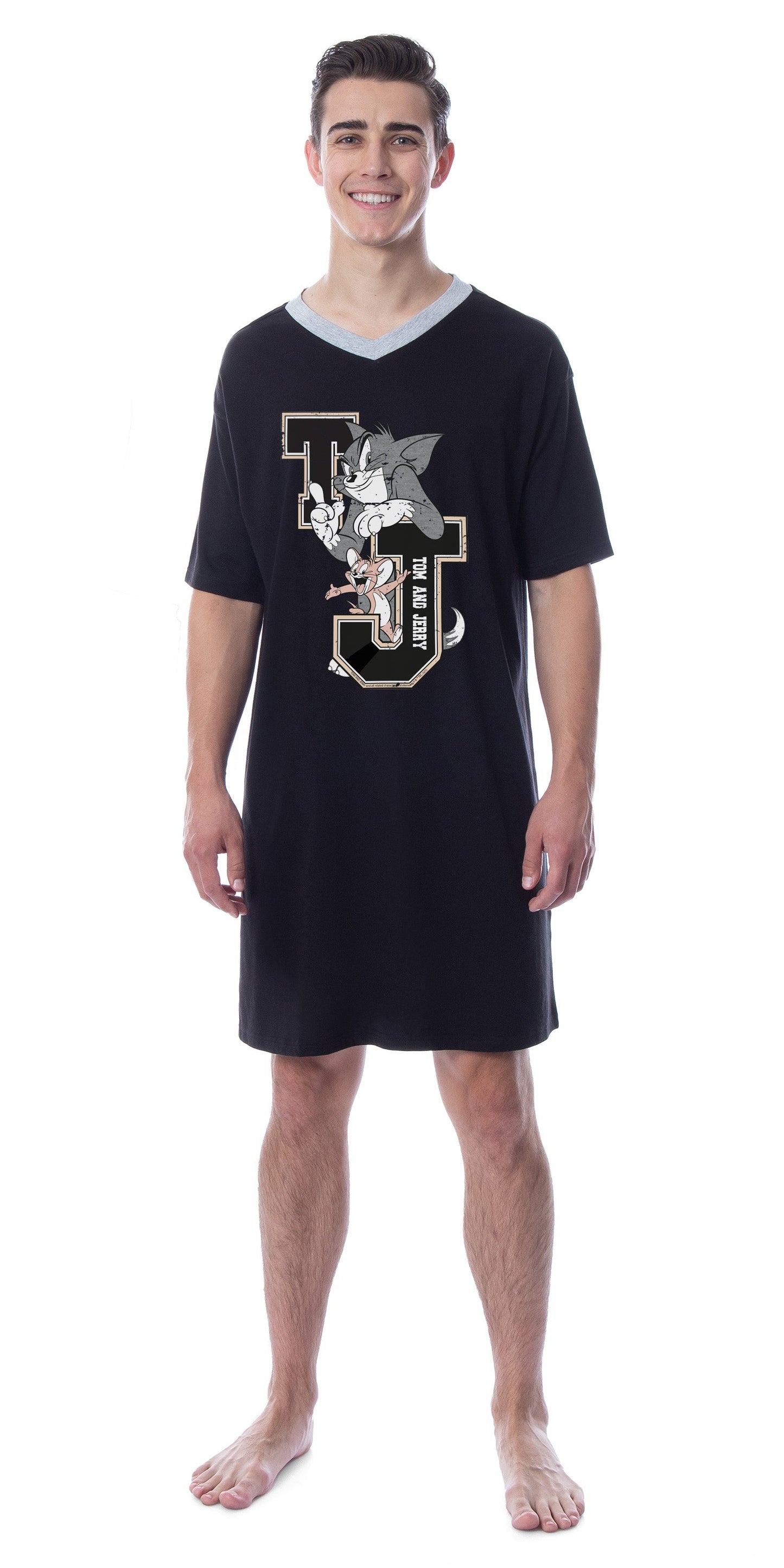 Tom And Jerry Mens' Classic Distressed Nightgown Sleep Pajama Shirt